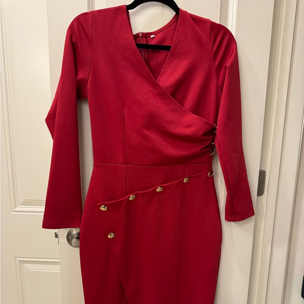 Red long sleeved 3/4 length dress